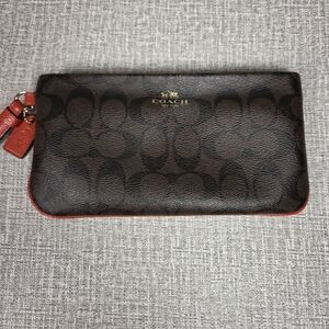 COACH Brown Burnt Red Signature Logo Large Wristlet Wallet Bag   $125